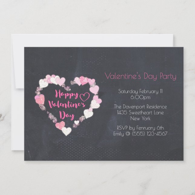 Glittery Hearts in Pink Valentine's Day Party Invitation (Front)