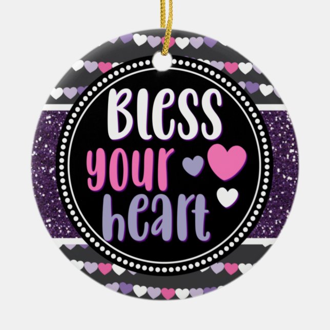 Glittery Hearts Purple Bless Your Heart Christmas Ceramic Ornament (Front)