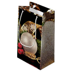 Glittery Holiday Gold Ribbons Silver Ball Gift Bag