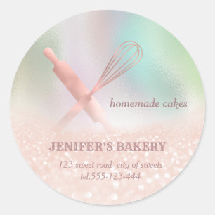 Glittery holograph rolling pin & whisk chef bakery classic round sticker