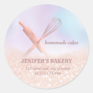 Glittery holograph rolling pin & whisk chef bakery classic round sticker