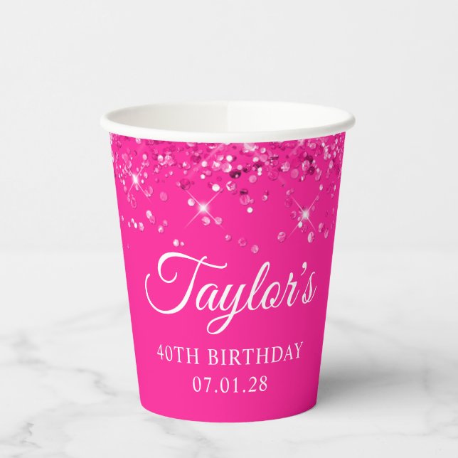 Glittery Hot Pink 40th Birthday Paper Cups (Left)