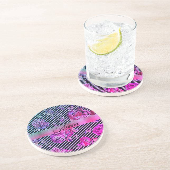 Glittery Hot Pink and Teal Floral     Coaster (Side)