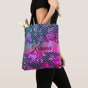 Glittery Hot Pink and Teal Floral Personalised Tote Bag