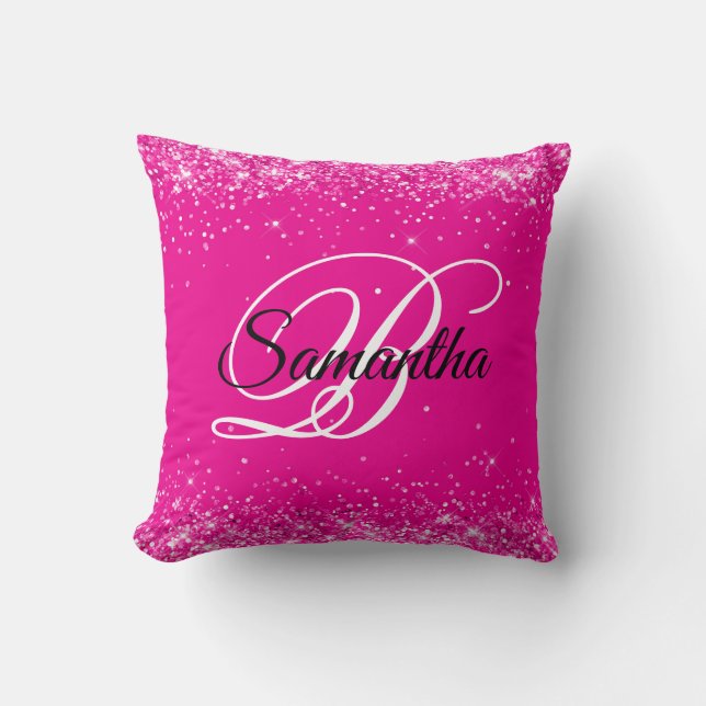 Glittery Hot Pink Fancy Monogram Cushion (Front)