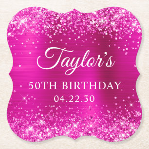 Glittery Hot Pink Foil 50th Birthday Paper Coaster