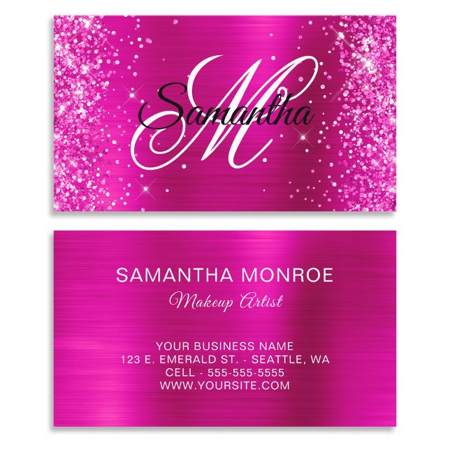 Glittery Hot Pink Foil Fancy Monogram Business Card (Glittery Hot Pink Foil Fancy Monogram Business Cards)