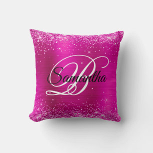Glittery Hot Pink Foil Fancy Monogram Cushion