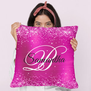 Glittery Hot Pink Foil Fancy Monogram Cushion