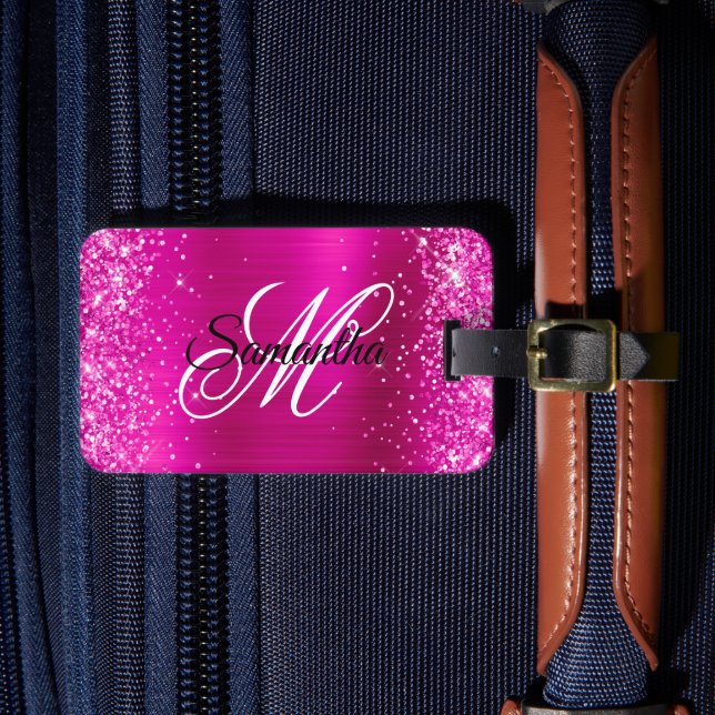 Glittery Hot Pink Foil Fancy Monogram Luggage Tag (Front Insitu 4)