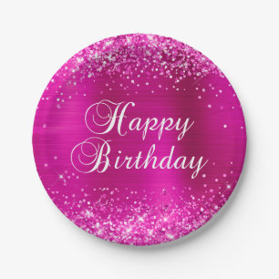 Glittery Hot Pink Foil Happy Birthday Paper Plate