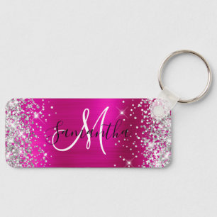 Glittery Hot Pink Foil Monogram Skinny Horizontal Key Ring