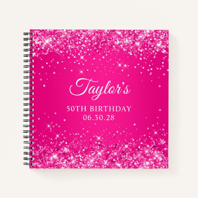 Glittery Hot Pink Ombre 50th Birthday Guest Notebook (Front)