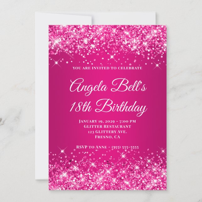 Glittery Hot Pink Raspberry Ombre 18th Birthday Invitation (Front)
