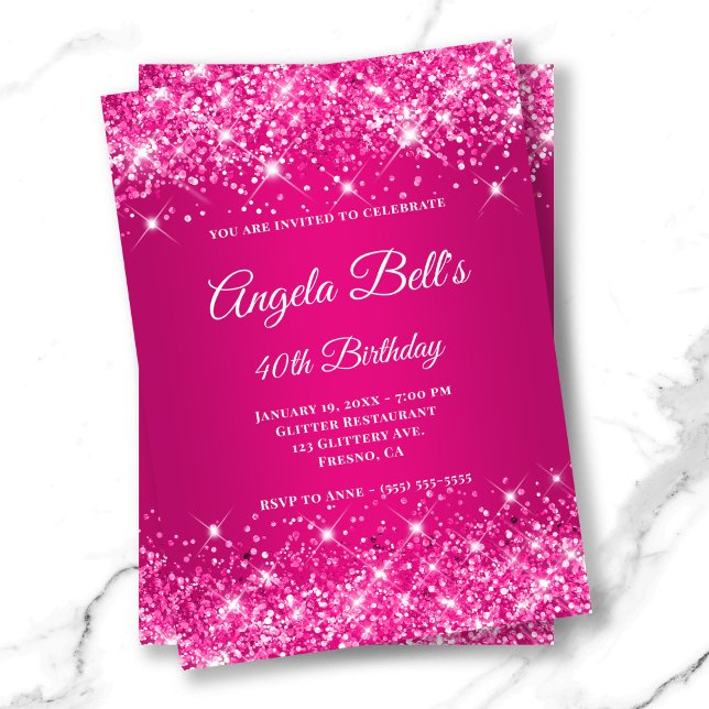 Glittery Hot Pink Raspberry Ombre Fancy Monogram Invitation (Glittery Hot Pink Raspberry Ombre Fancy Monogram Invitation)