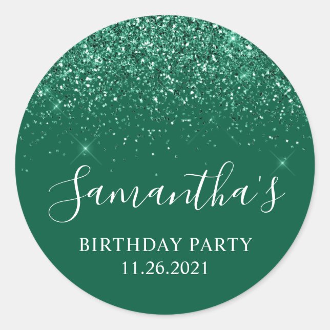 Glittery Hunter Green Birthday Party Classic Round Sticker (Front)
