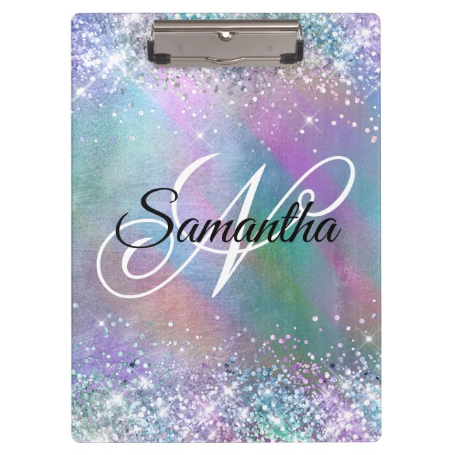 Glittery Iridescent Rainbow Foil Fancy Monogram Clipboard (Front)