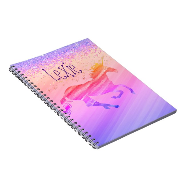 Glittery Lavender and Pink Unicorn Personalized Notebook (Right Side)
