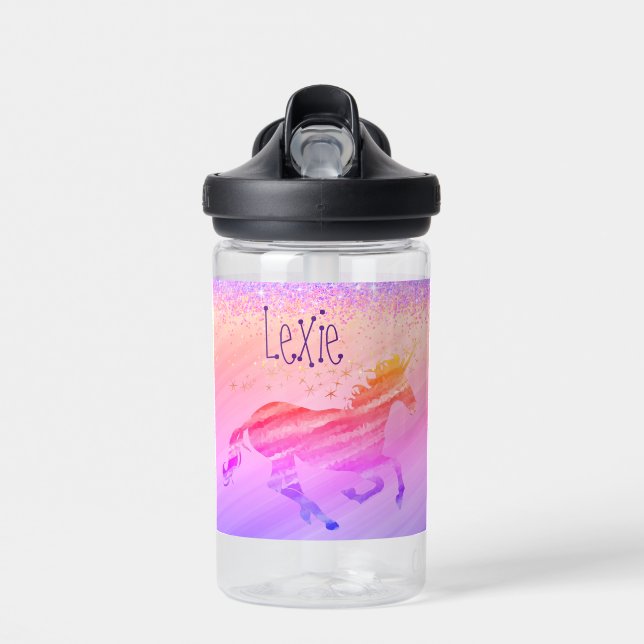 Glittery Lavender and Pink Unicorn  Water Bottle (Front)