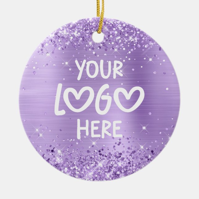 Glittery Lavender Faux Foil Business Logo Holiday Ceramic Ornament (Front)