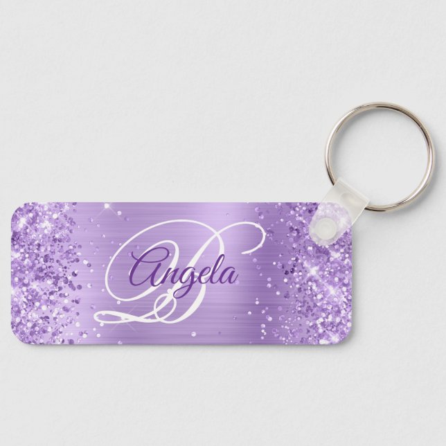 Glittery Lavender Foil Fancy Monogram Key Ring (Front)