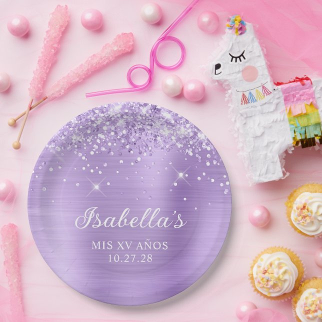 Glittery Lavender Foil Mis XV Años Paper Plate (Party)