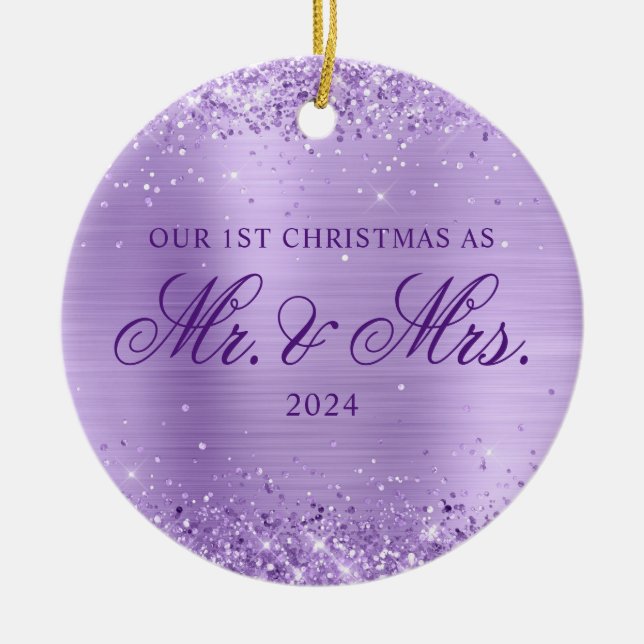 Glittery Lavender Foil Our 1st Christmas Photo Ceramic Ornament (Front)