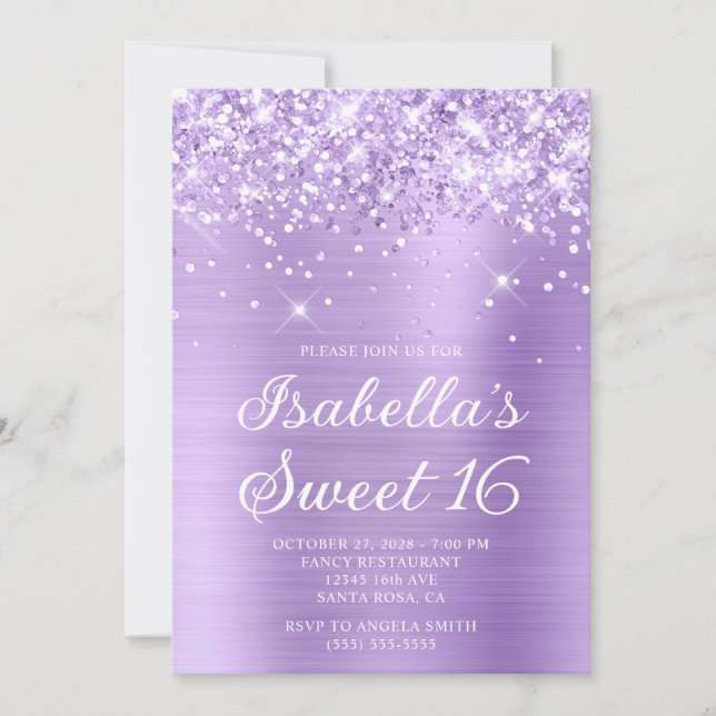 Glittery Lavender Foil Sweet 16 Photo Invitation (Front)