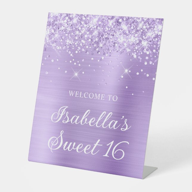 Glittery Lavender Foil Sweet 16 Welcome Pedestal Sign (Front)