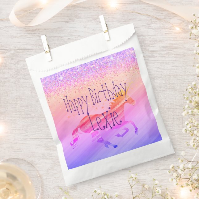 Glittery Lavender Pink Unicorn Birthday Custom Favour Bag (Clipped)