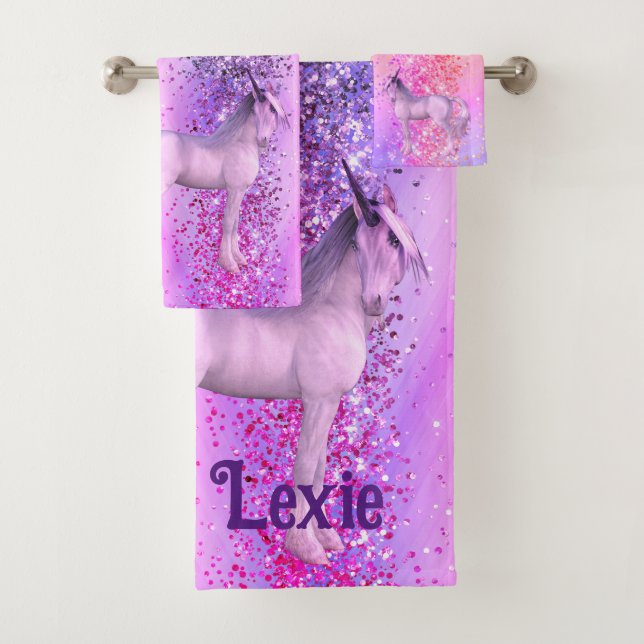 Glittery Lavender Pink Unicorn Personalised Bath Towel Set (Insitu)