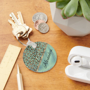 Glittery Leopard Print on Glossy Green   Key Ring