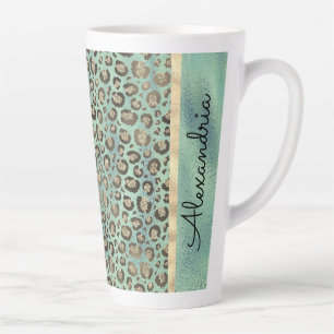 Glittery Leopard Print on Glossy Green Latte Mug