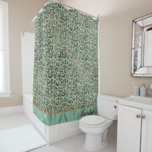 Glittery Leopard Print on Glossy Green  Shower Curtain