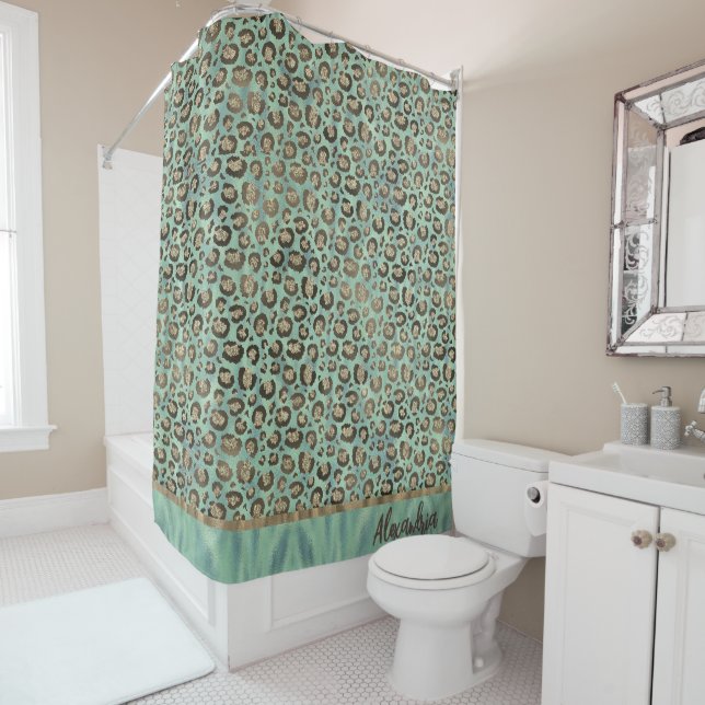 Glittery Leopard Print on Glossy Green  Shower Curtain (In Situ)