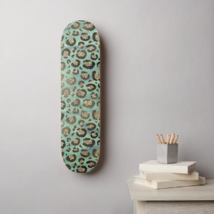 Glittery Leopard Print on Glossy Green   Skateboard