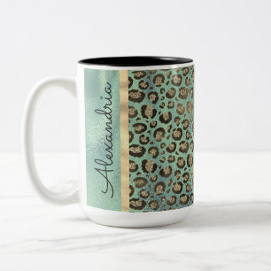 Glittery Leopard Print on Glossy Green Two-Tone Coffee Mug