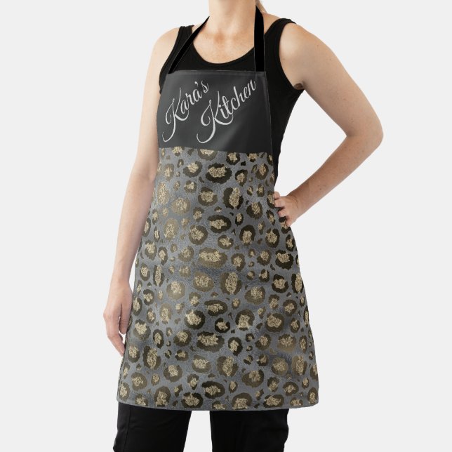 Glittery Leopard Print on Glossy Grey   Apron (Insitu)
