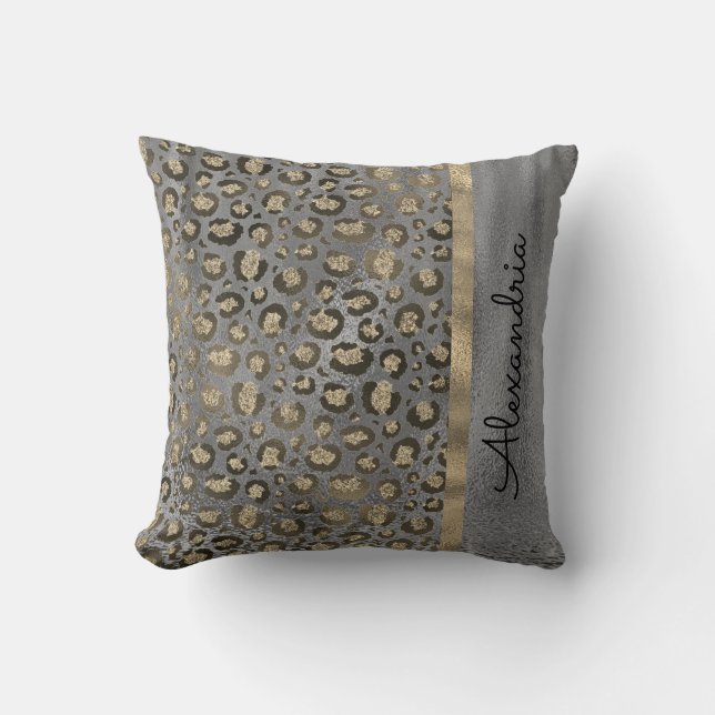 Glittery Leopard Print on Glossy Grey Cushion (Front)