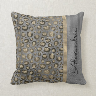 Glittery Leopard Print on Glossy Grey Cushion