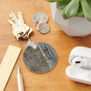Glittery Leopard Print on Glossy Grey  Key Ring