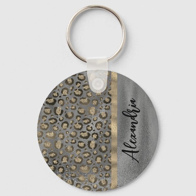 Glittery Leopard Print on Glossy Grey  Key Ring (Front)