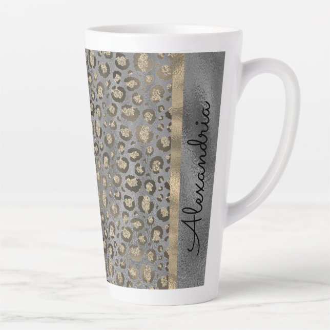 Glittery Leopard Print on Glossy Grey  Latte Mug (Right)