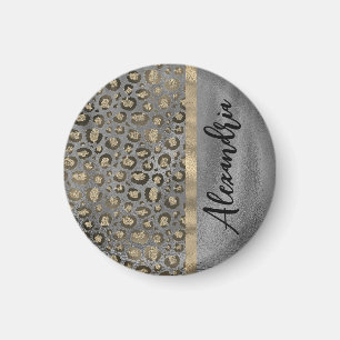 Glittery Leopard Print on Glossy Grey Magnet