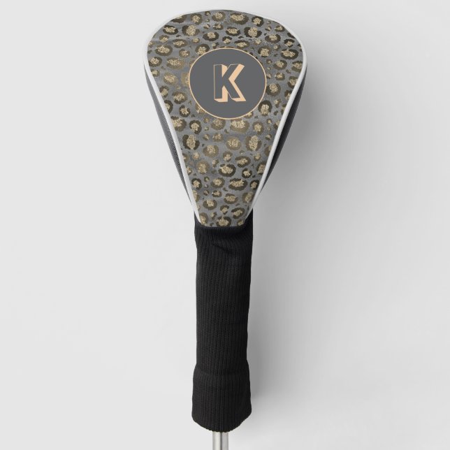 Glittery Leopard Print on Glossy Grey Monogram Golf Head Cover (Front)