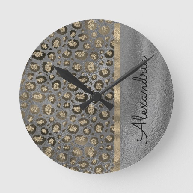 Glittery Leopard Print on Glossy Grey       Round Clock (Front)