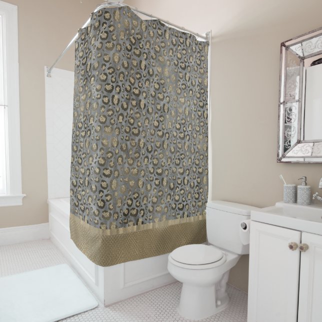 Glittery Leopard Print on Glossy Grey     Shower Curtain (In Situ)