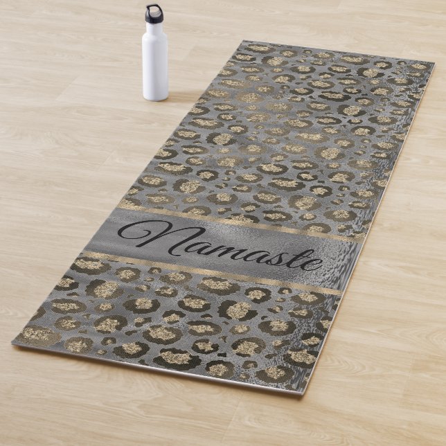Glittery Leopard Print on Glossy Grey  Yoga Mat (In Situ)