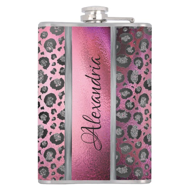 Glittery Leopard Print on Glossy Hot Pink    Hip Flask (Back)