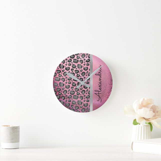 Glittery Leopard Print on Glossy Hot Pink  Round Clock (Home)